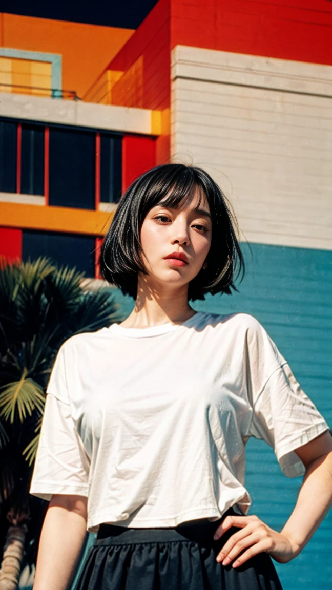 1 girl, beautiful, black bob hair, almond eye, no makeup, blank white tshirt, ((oversized_untucked tshirt)), peach tennis skirt,pose in front of ((80's mondrian architecture colorful motel)),(from below:1.2), (realistic:1.1), (surreal:1.2), (very detailed:1.1), ((masterpiece)),summer, blue sky, palm trees,sunny, los angles vibes