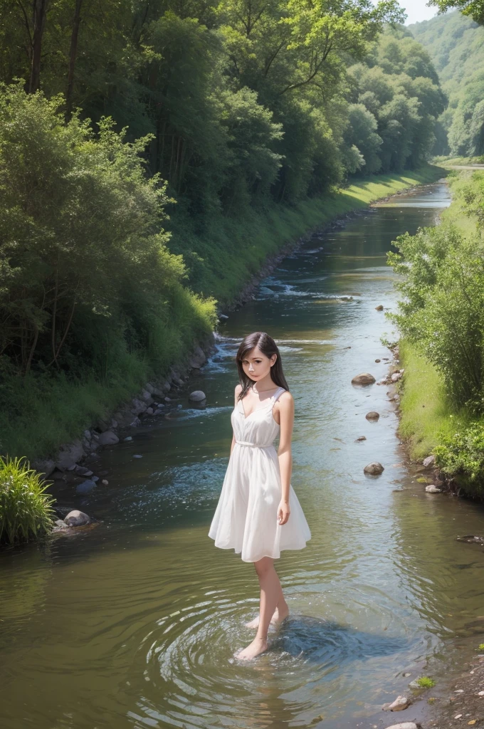 Create an image of a person on the banks of a river.