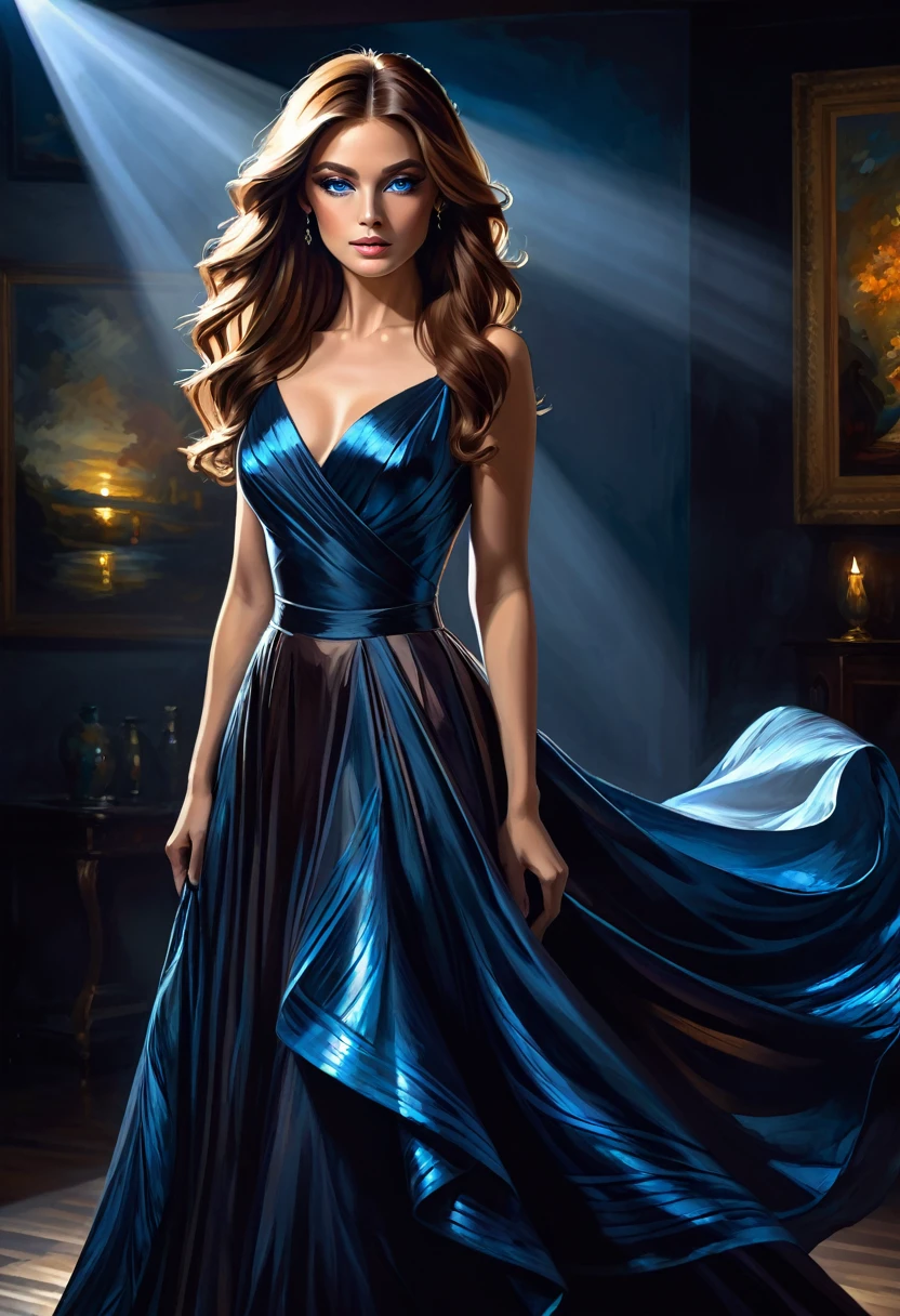 A beautiful woman in an elegant evening dress, long luxurious brown hair, detailed facial features, piercing blue eyes, subtle makeup, graceful pose, cinched waist, flowing skirt, shimmering fabric, dramatic lighting, dark moody atmosphere, cinematic composition, oil painting style, rich color palette, dramatic chiaroscuro lighting