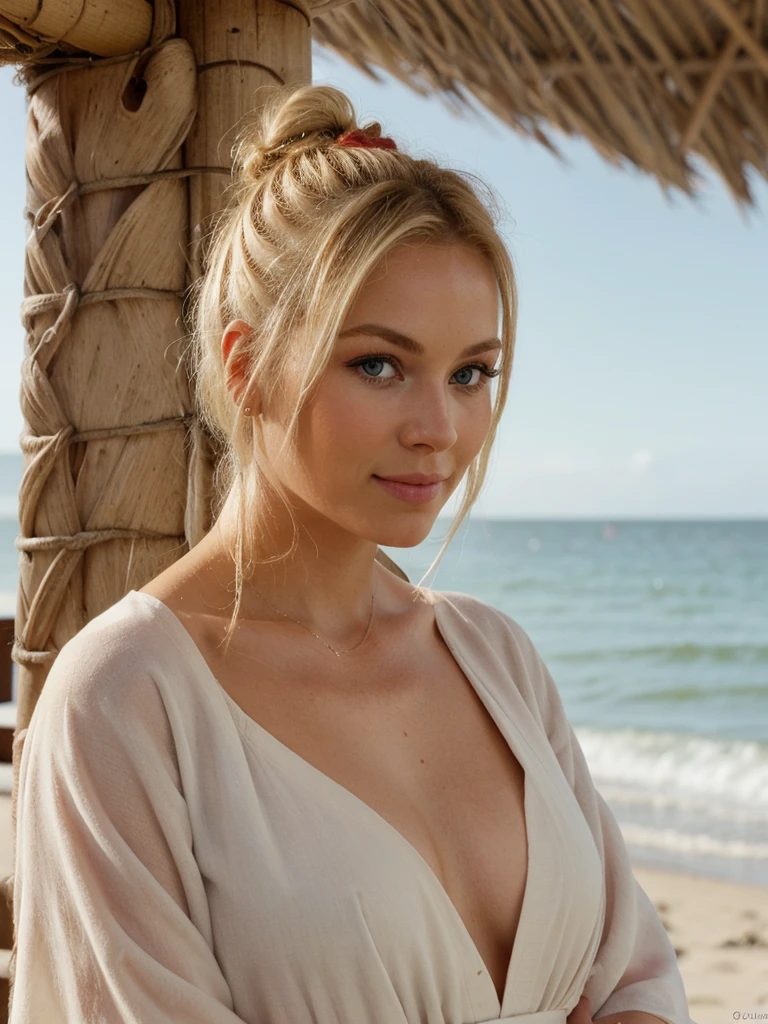 an eye contact of a blond with bun hair au bord de la mer en robe rouge 