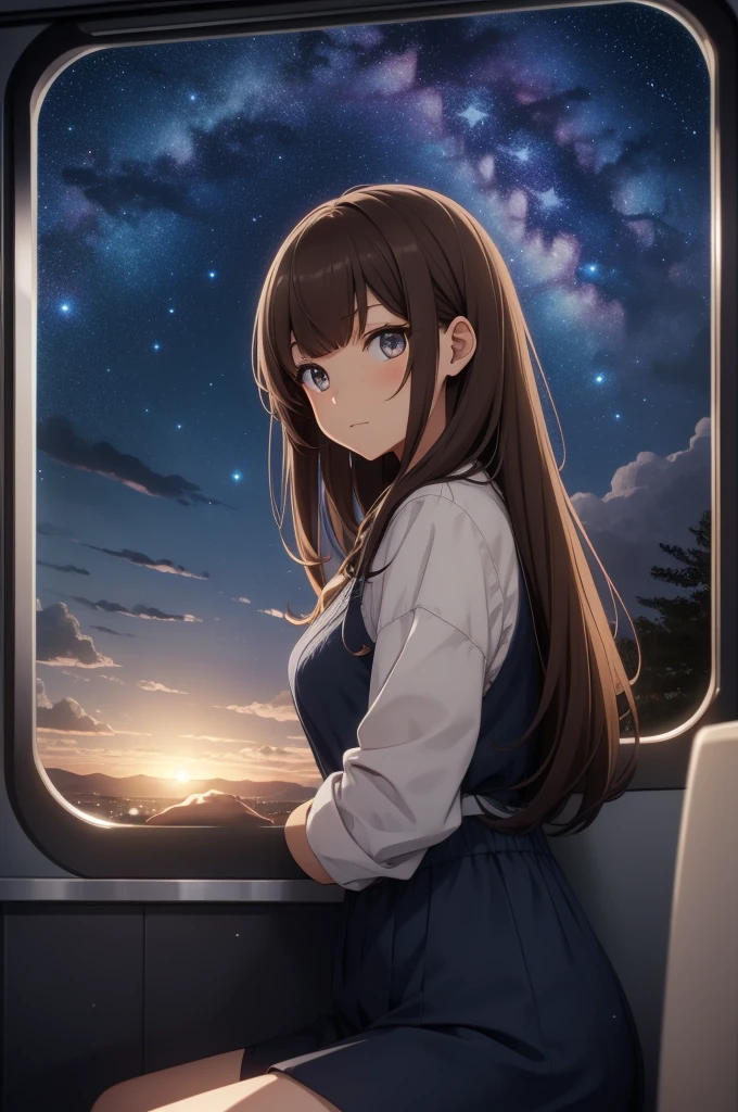 ((((Hyper quality)))), Anime style, the view from the window of a running sleeper train, a girl sitting on a seat looking at the scenery, brown hair, black diamond eyes, disheveled semi-length hair, the view outside is space starry sky, beautiful stars, galaxy, semi-landscape painting,