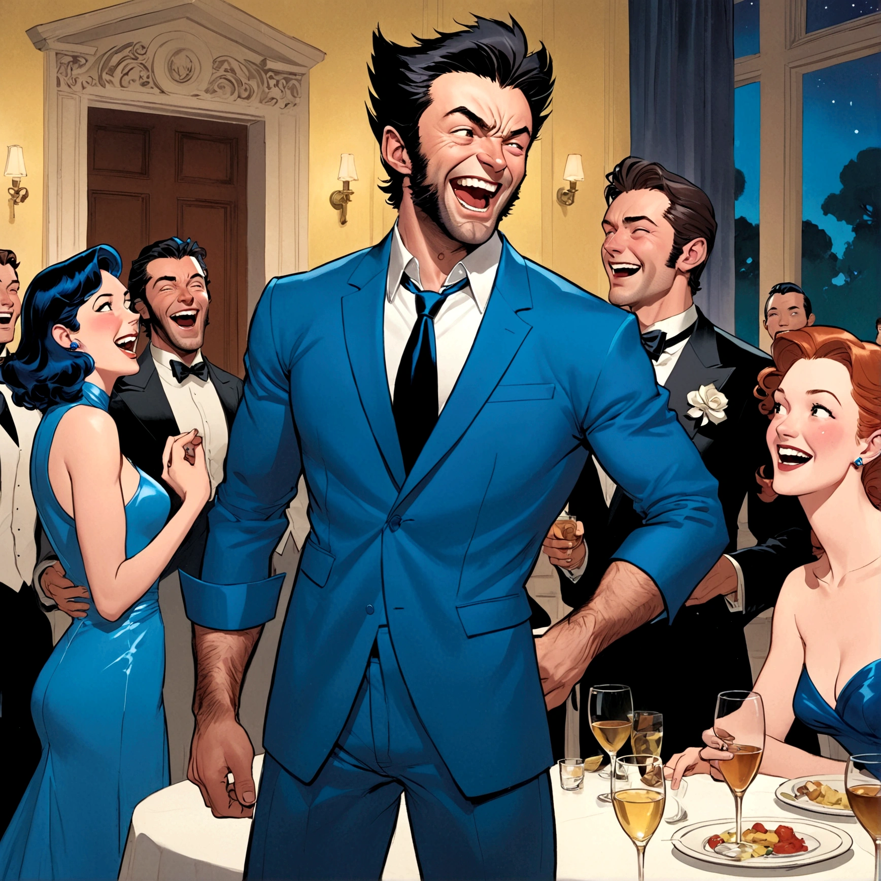 Marvel's Wolverine(male) drunk at a soiree, having fun, wearing a blue evening dress and laughing, X Men dressed casual laughing, Jean Gray embarrassed , X Men mansion

