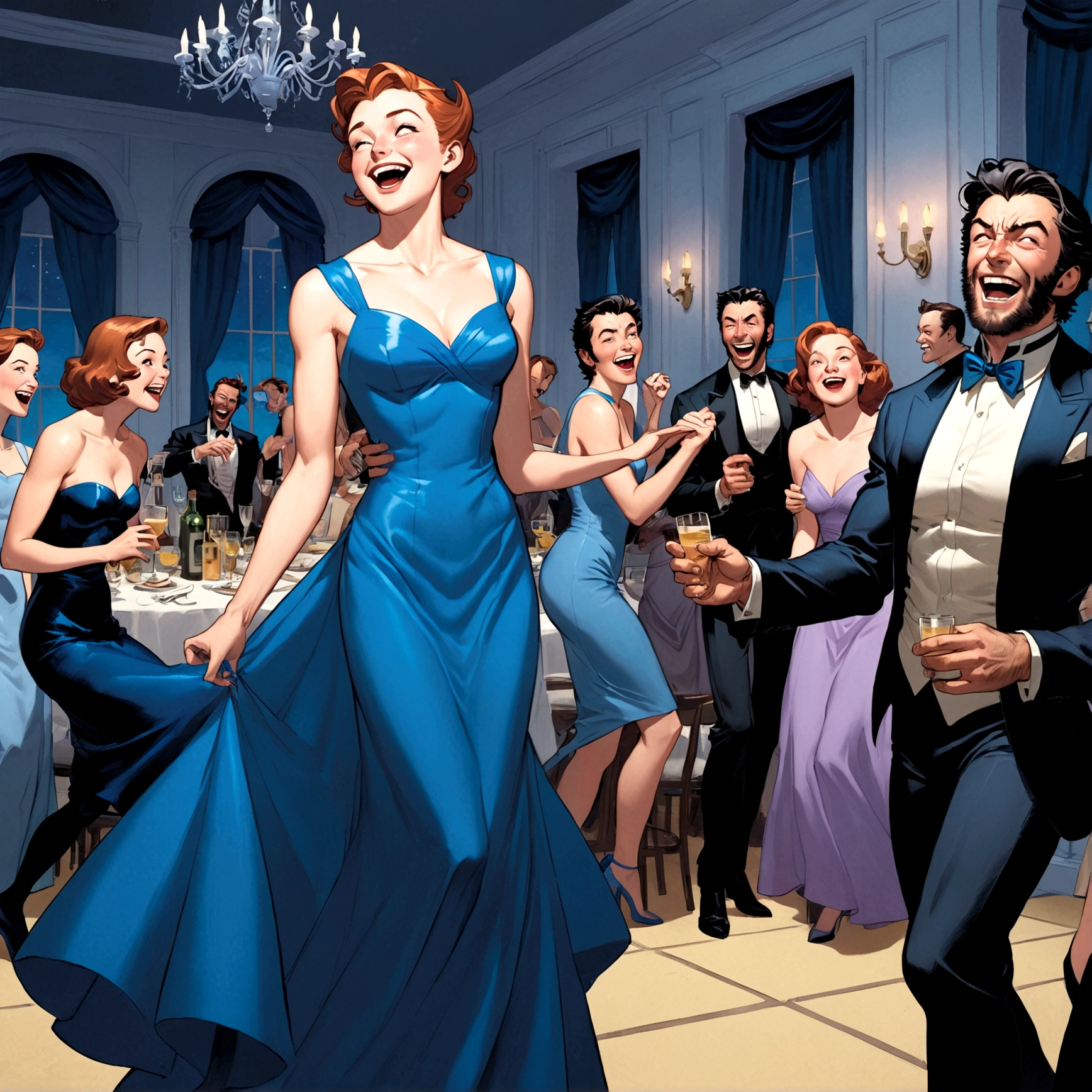 Marvel's Wolverine(male) drunk at a soiree, having fun, wearing a blue evening dress and laughing, X Men dressed casual laughing, Jean Gray embarrassed , X Men mansion
