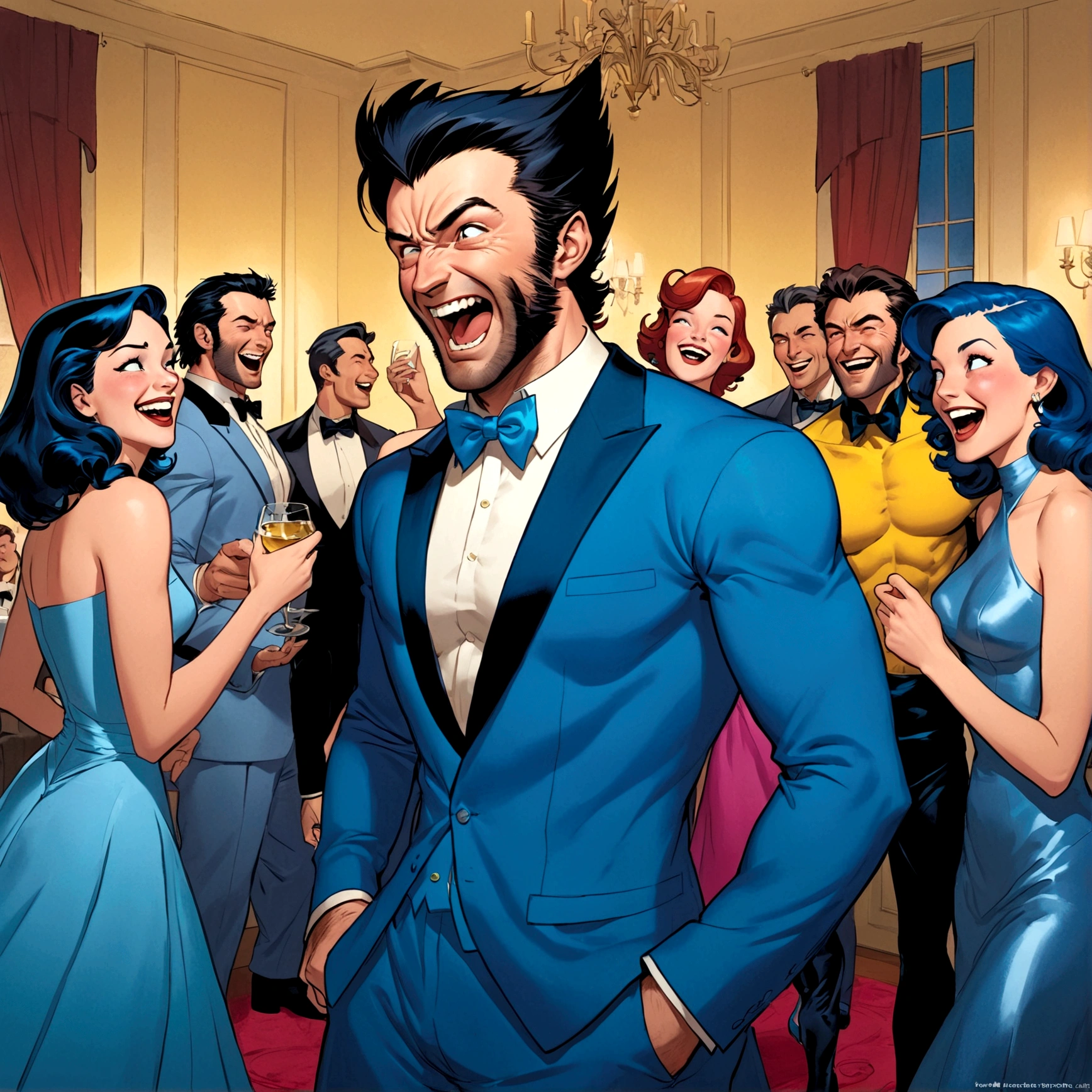 Marvel's Wolverine(male) drunk at a soiree, having fun, wearing a blue evening dress and laughing, X Men dressed casual laughing, Jean Gray embarrassed , X Men mansion
