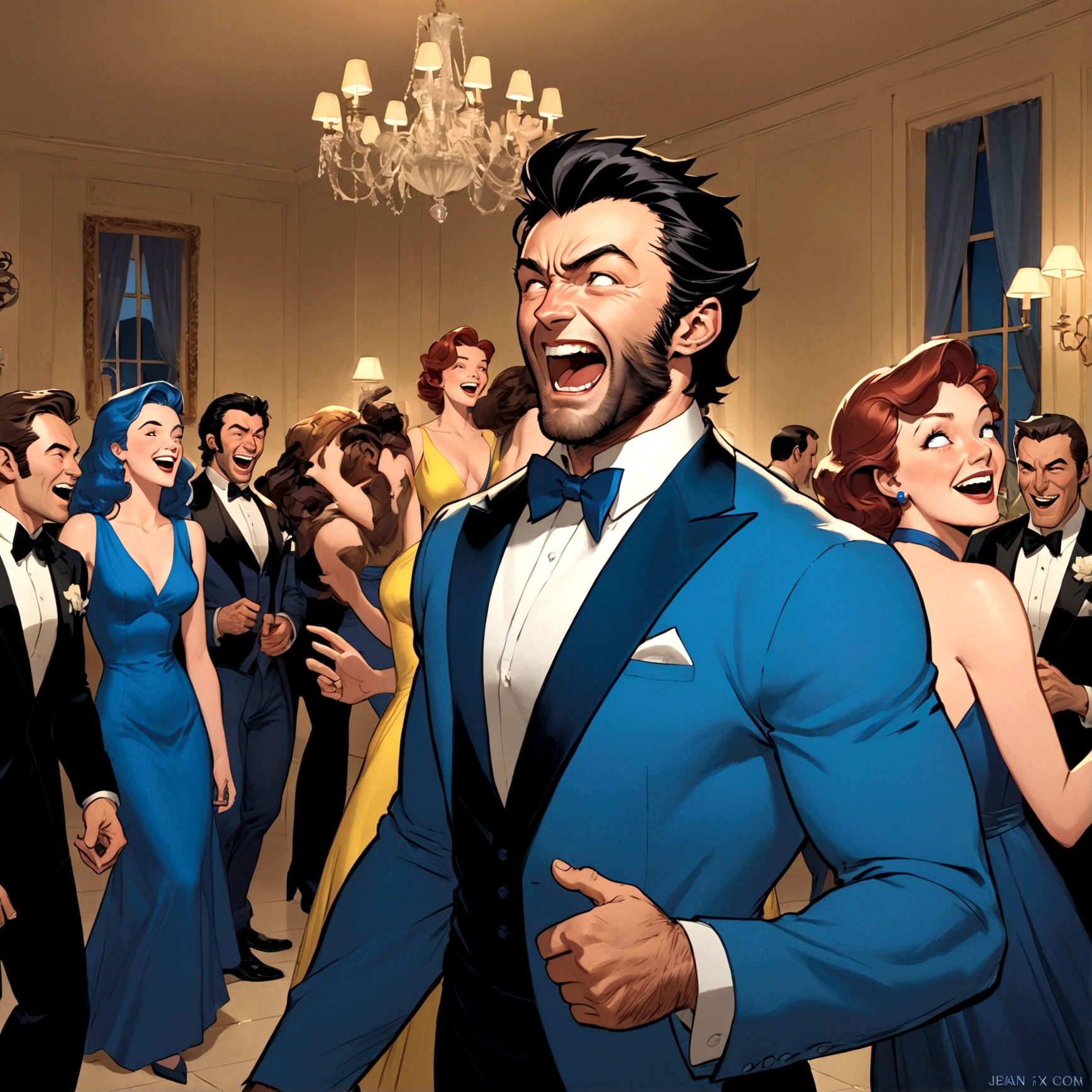 Marvel's Wolverine(male) drunk at a soiree, having fun, wearing a blue evening dress and laughing, X Men dressed casual laughing, Jean Gray embarrassed , X Men mansion
