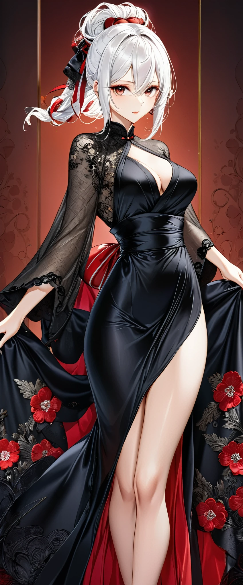 (ultra-detailed, photorealistic, best quality, 4k, 8k, highres, masterpiece:1.3), (a stunning and charismatic 50-year-old woman), (milf), ((mature woman allure)), flowing red hair that is meticulously styled, and striking green eyes that captivate attention, Her hourglass body is impeccably toned, slender fit and well-defined curves, (wearing purple silk robes), (black lave bra and thong), Her stands confidently in a lavish, modern penthouse setting with floor-to-ceiling windows, night cityscape view, Her expression is a blend of warmth and sophistication, with a touch of playful charm, The scene captures her poised stance and commanding presence, emphasizing her beauty and elegance, (intricate detail, super finely detailed hands, ultra finely detailed fingers, full body showcase, show full body:1.3), enormous 