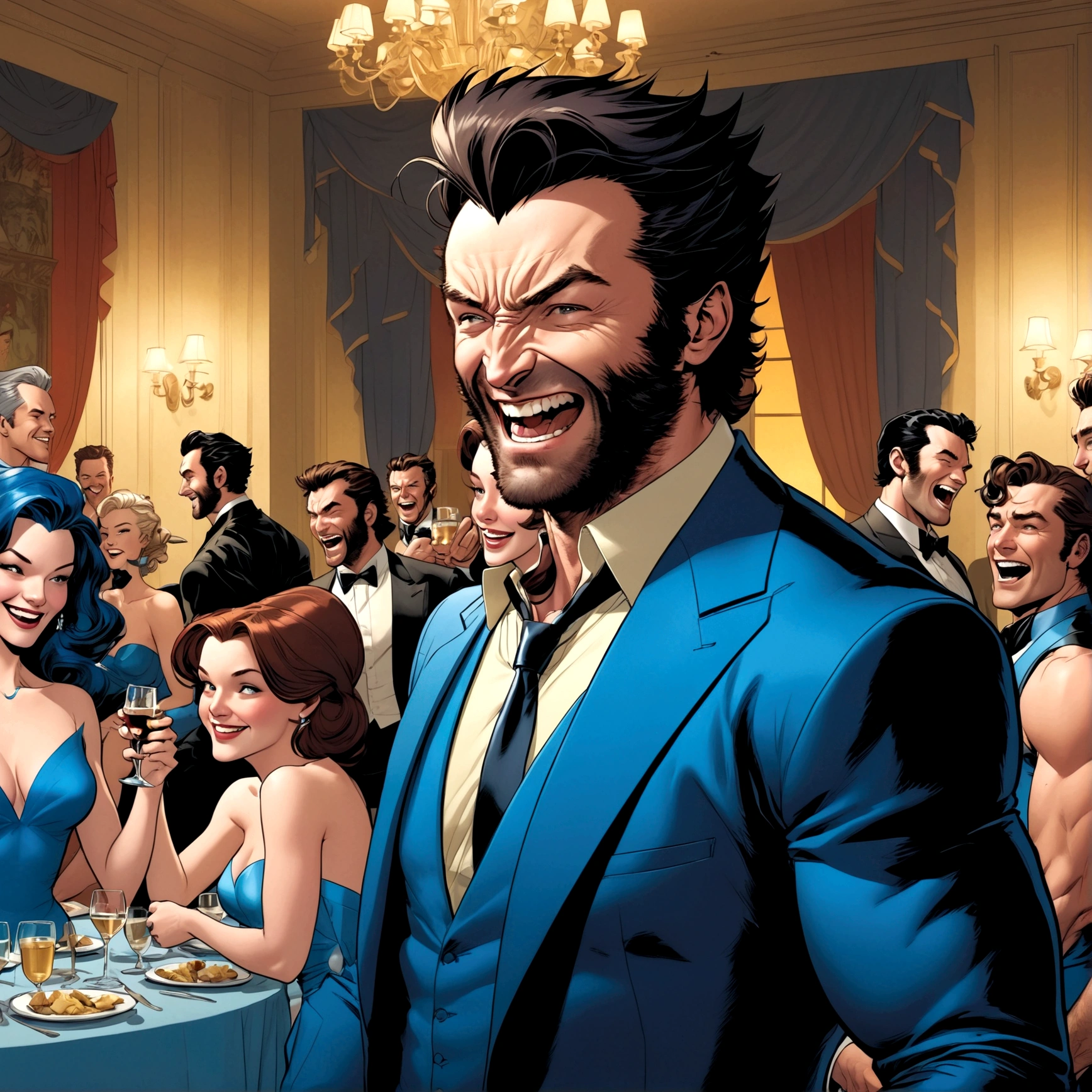 Marvel's Wolverine(male) drunk at a soiree, having fun, wearing a blue evening dress and laughing, X Men dressed casual laughing, Jean Gray embarrassed , X Men mansion