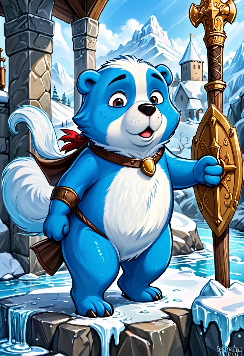 um urso polar com um escudo sentado em uma pedra de gelo rugindo, escudo azul, Digital illustration, ambiente medieval, cartoon, High definition, detalhes