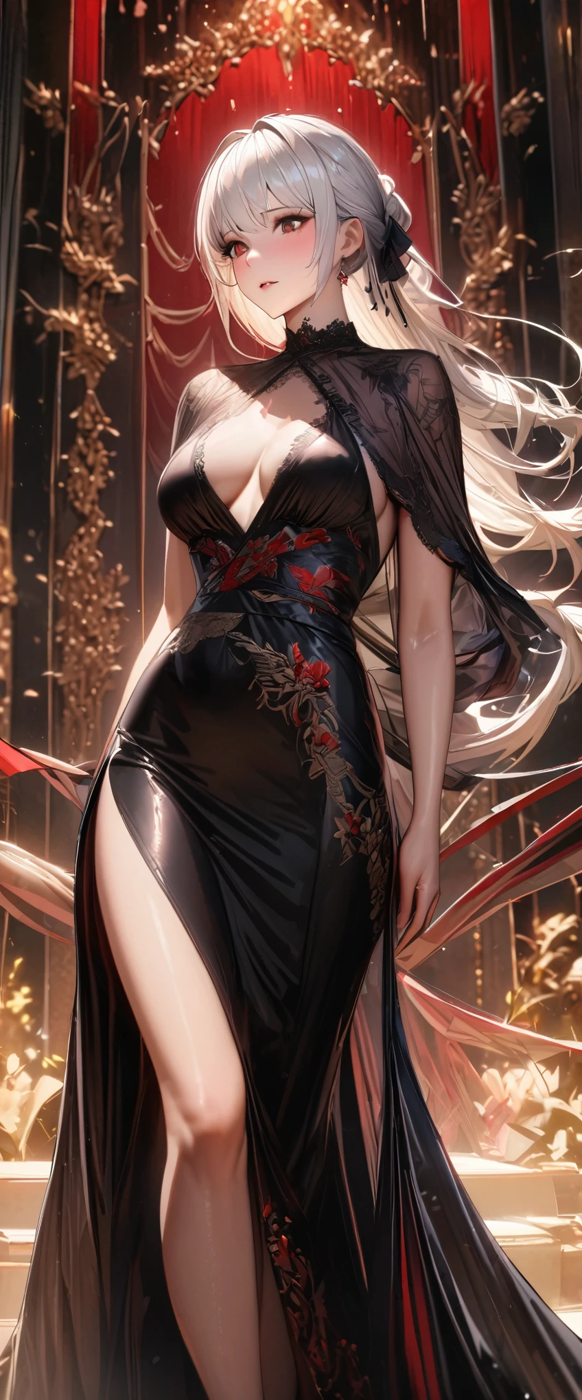 best quality, incredibly absurdres, extremely detailed, 2.5D, delicate and dynamic, beautiful woman, white hair tied up, gorgeous and glamorous black evening dress, red lines, shiny satin fabric, lace, embroidery, robes, shawls, accessories, captivating look, superlative body proportion, gorgeous and gorgeous effects, background aristocratic social setting
