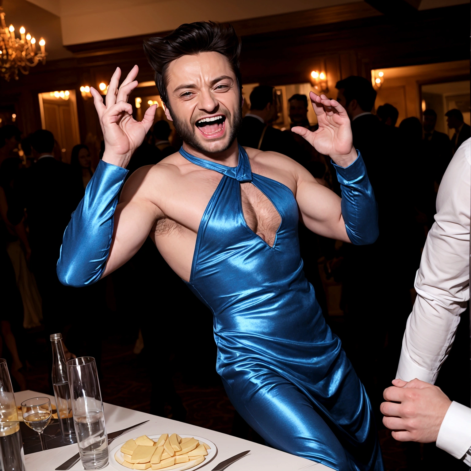 Marvel's Wolverine(male) drunk at a soiree, having fun, wearing a blue evening dress and laughing, X Men dressed casual laughing, Jean Gray embarrassed , X Men mansion
