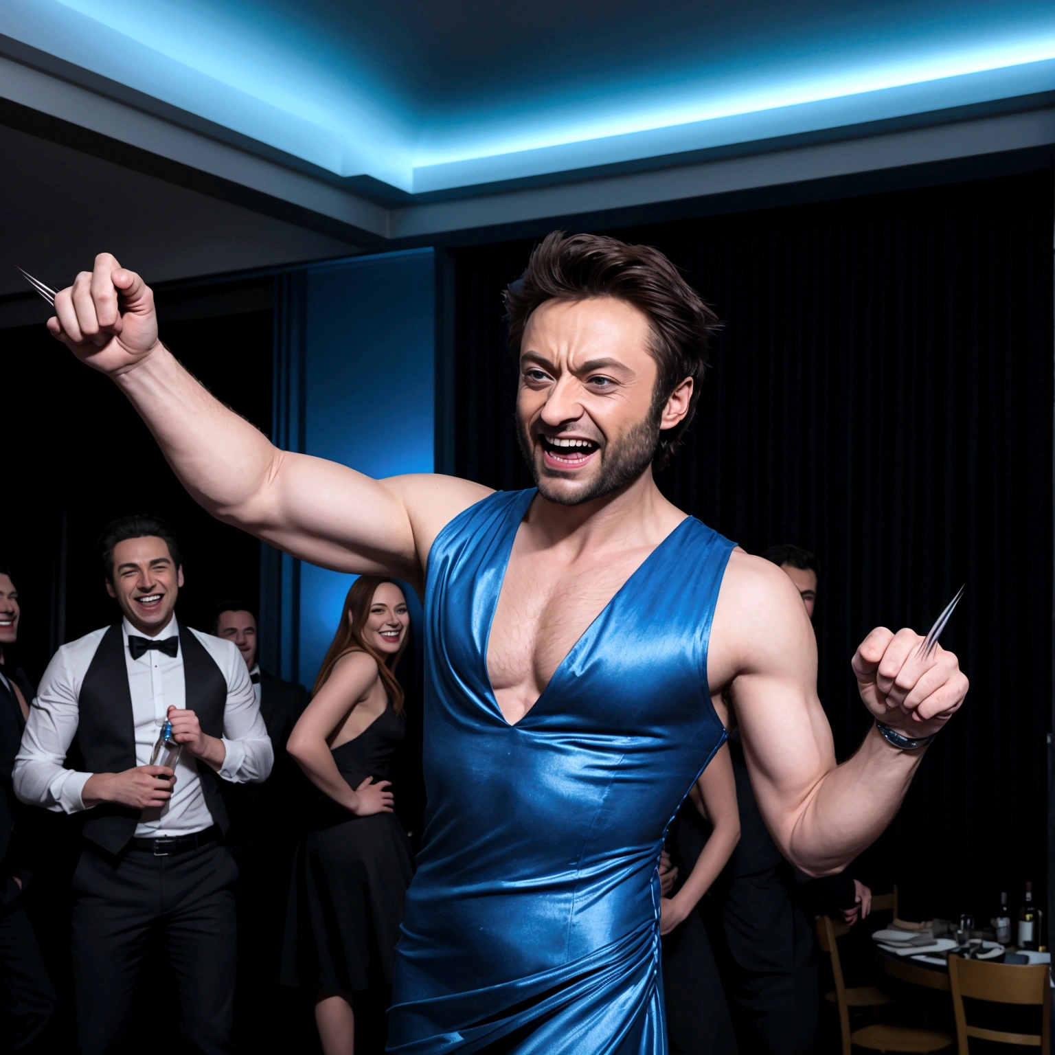 Marvel's Wolverine(male) drunk at a soiree, having fun, wearing a blue evening dress and laughing, X Men dressed casual laughing, Jean Gray embarrassed , X Men mansion