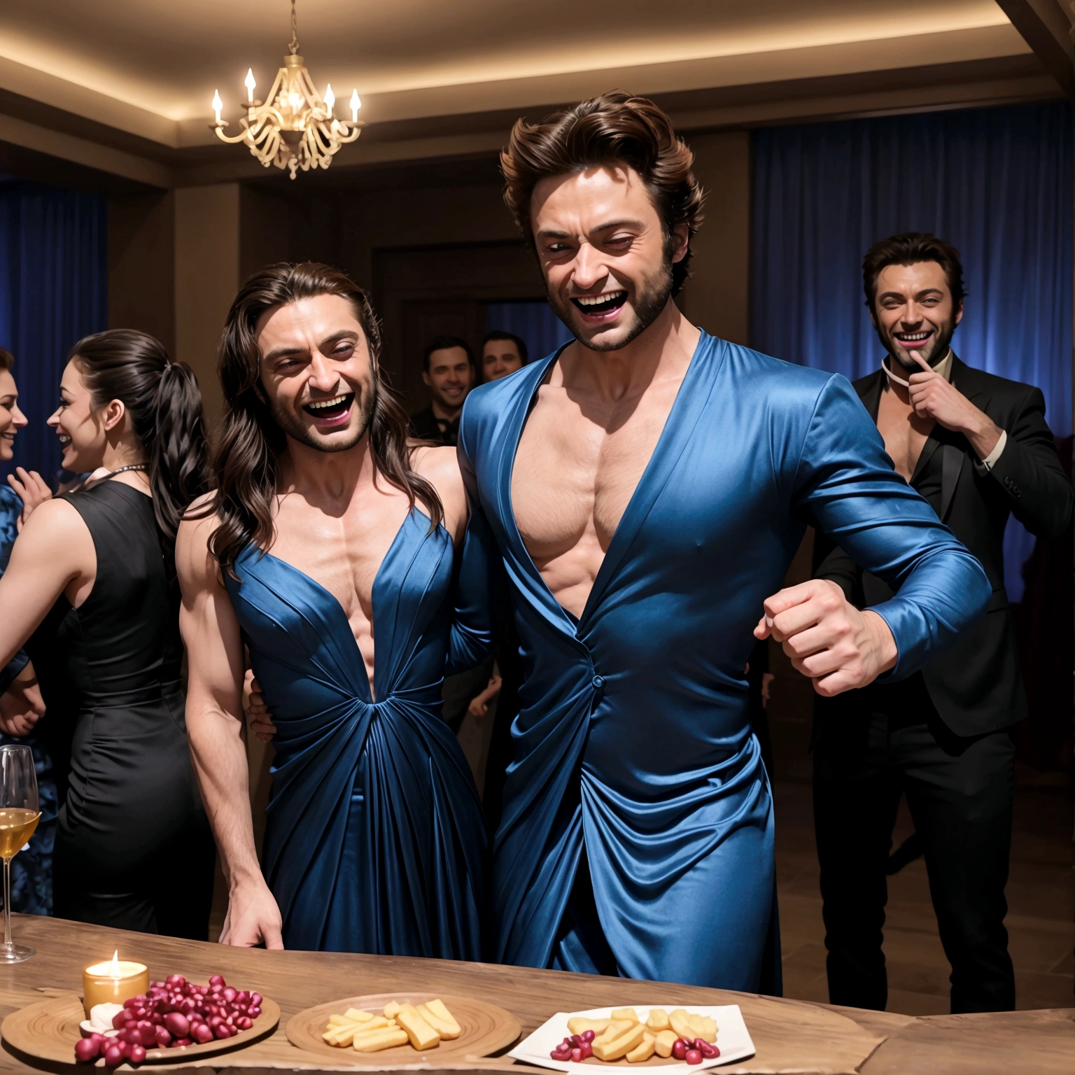Marvel's Wolverine(male) drunk at a soiree, having fun, wearing a blue evening dress and laughing, X Men dressed casual laughing, Jean Gray embarrassed , X Men mansion