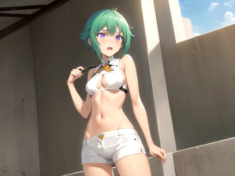 (ultra-highdetail, 8k quality, best quality, extremely detailed illustration,intense shadows,), (Zessica Wong, Aquarion EVOL, green hair, purple eyes, short hair, revealing clothes, clothing cutout, cleavage cutout, sleevless, white short shorts, ascot, solo), 2 views, ass focus, from front, looking down viewer, 2 views, standing, cameltoe, wet , sleevless, very short skirt, wet white panties, no bra, show off nipple, nipple, gleaming skin, embarrassed, open mouth,five fingers,