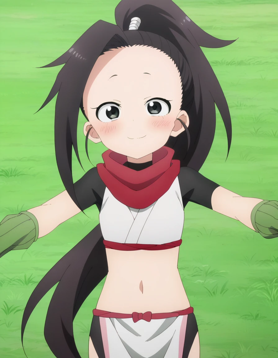  kunotsubaki, anime coloring, anime screencap, source_anime, anime,uncensored ,BREAK1girl, black eyes, black hair, long hair, asymmetrical bangs, forehead, high ponytail, ponytail,shirt, navel, red scarf, scarf short sleeves, pelvic curtain, shorts, green gloves, arm warmers, fingerless gloves,  BREAK, high quality, solo, lying, on back, arms up, spread arms, closed mouth, on grass, (cowboy shot:1.5), looking at viewer, nervous, smile, best quality, blushing, center,