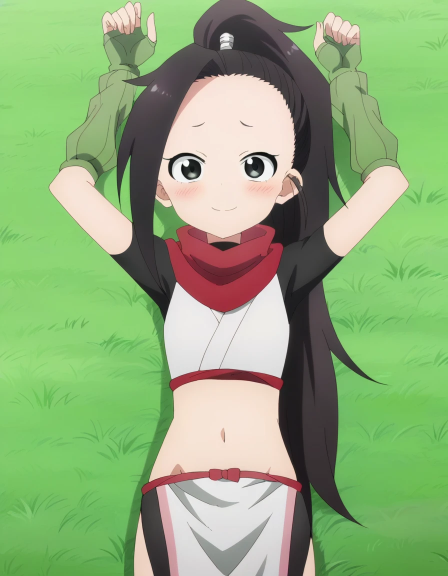  kunotsubaki, anime coloring, anime screencap, source_anime, anime,uncensored ,BREAK1girl, black eyes, black hair, long hair, asymmetrical bangs, forehead, high ponytail, ponytail,shirt, navel, red scarf, scarf short sleeves, pelvic curtain, shorts, green gloves, arm warmers, fingerless gloves,  BREAK, high quality, solo, lying, on back, arms up, spread arms, closed mouth, on grass, (cowboy shot:1.5), looking at viewer, nervous, smile, best quality, blushing, center,