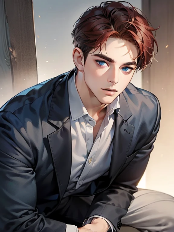 masterpiece, best quality, realistic, 1man, mature male, quiet and charming  man, 25 year old, serious look, closed mouth, portrait, extremely detailed face, cold smile in love, ((dark grey blue eyes)), ((short-right-swept dark Red hair)), [thick eyebrows], ((suit)), handsome, full body, western, Jewish, light brown skin,