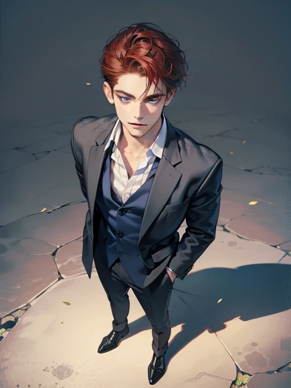 masterpiece, best quality, realistic, 1man, mature male, quiet and charming  man, 25 year old, serious look, closed mouth, portrait, extremely detailed face, cold smile in love, ((dark grey blue eyes)), ((short-right-swept dark Red hair)), [thick eyebrows], ((suit)), handsome, full body, western, Jewish, light brown skin,