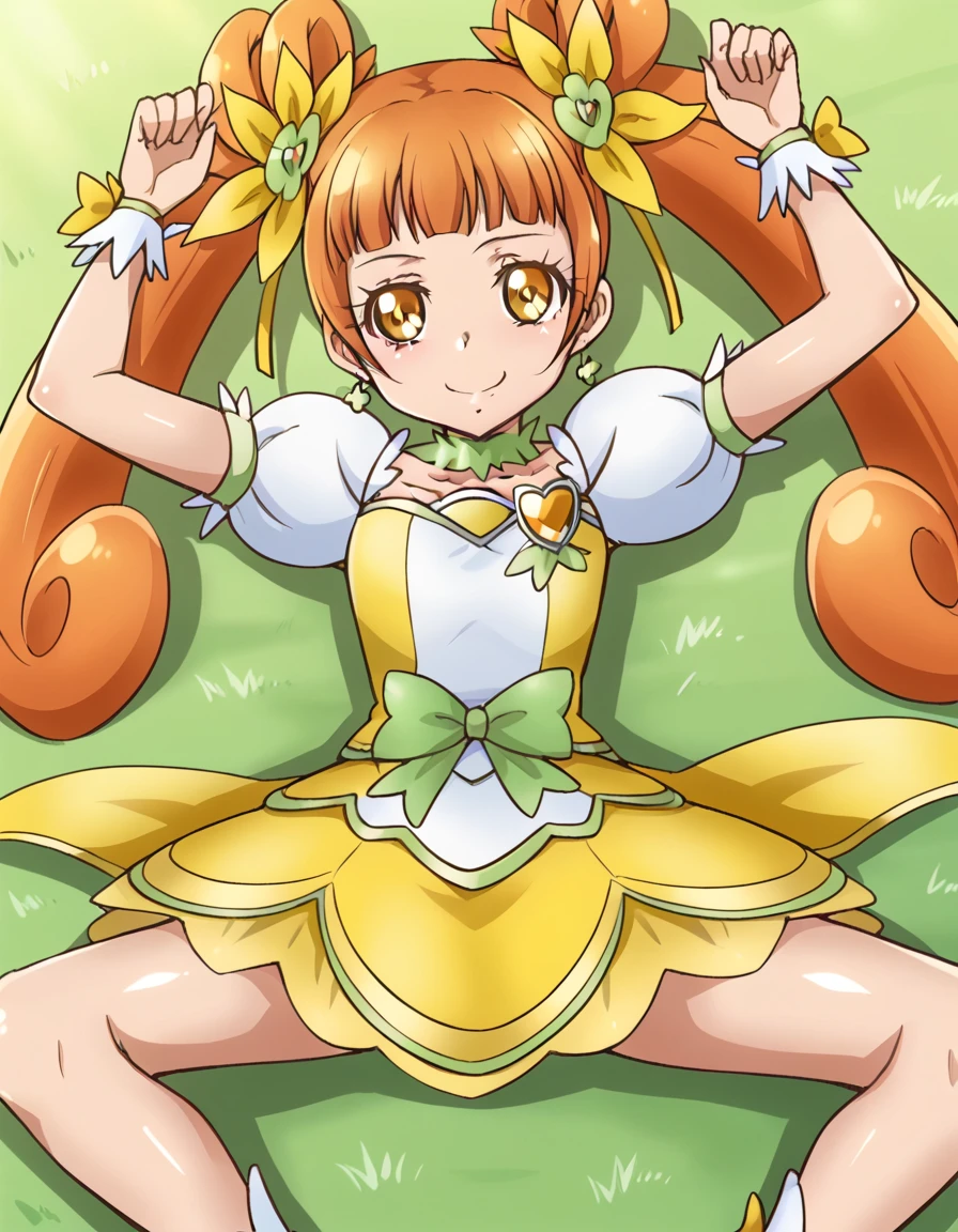 curerosetta, shiny skin, high quality, solo, lying, on back, arms up, spread arms, closed mouth, on grass, cowboy shot, looking at viewer, nervous, smile, best quality,