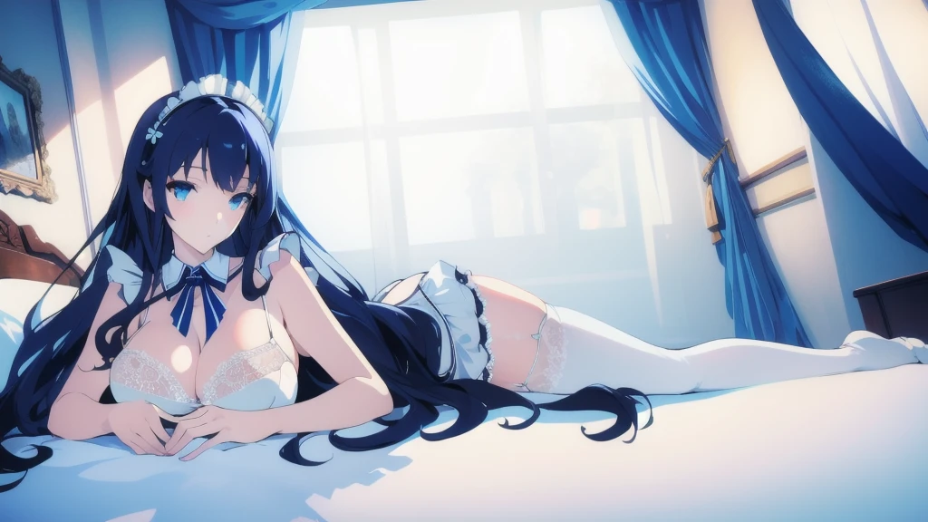 ((masterpiece, best quality)), Delicate face,Maid,whole body,Long legs,Large Breasts,Gradient long wavy hair,Perfect body proportions,Beautiful blue eyes,Extremely beautiful,transparent, Pure white background,Lying down,Erotic_lingerie,Sexy_Bikini,Lace,Garter stockings