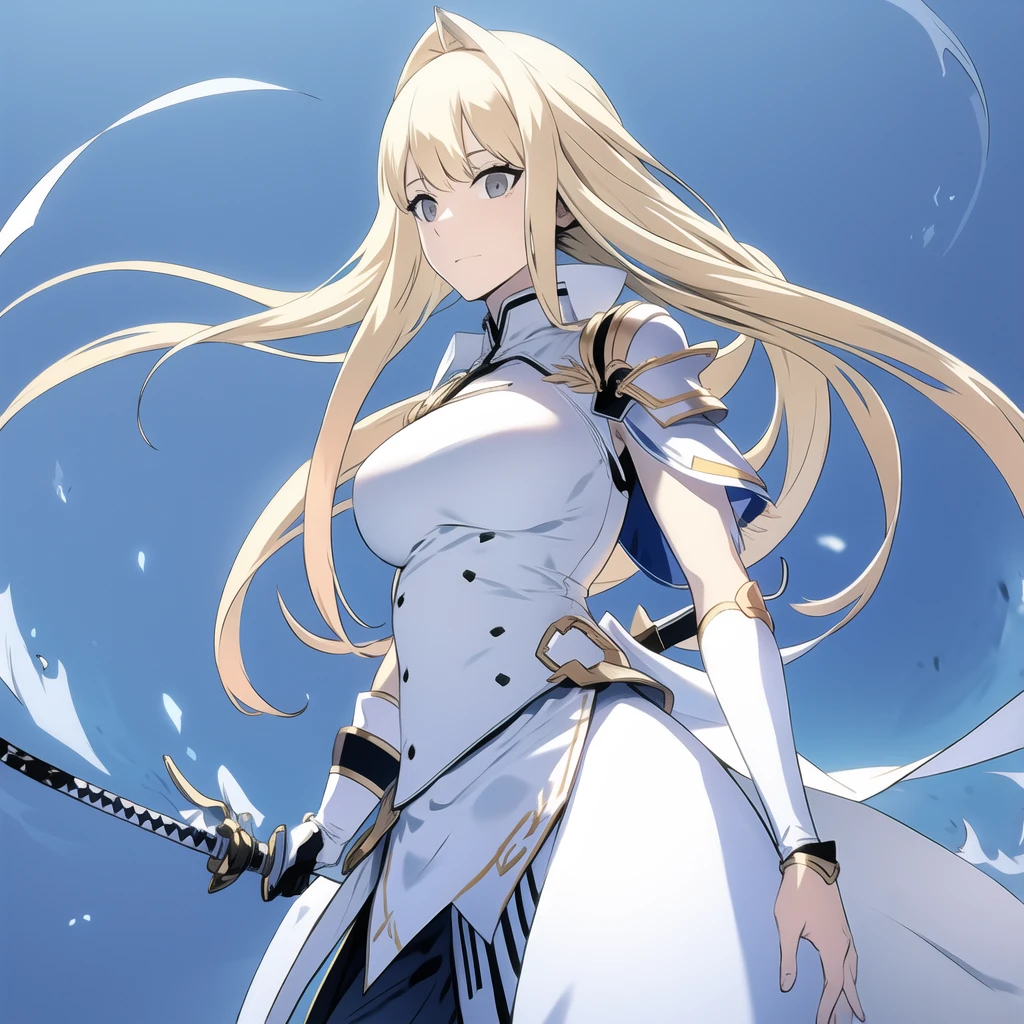 Blonde girl, blue eyes, white dress semi long, one katana hanging on the waist, smiling, alone, seen from further away, average tits, look away, standing, combs her hair with her hand