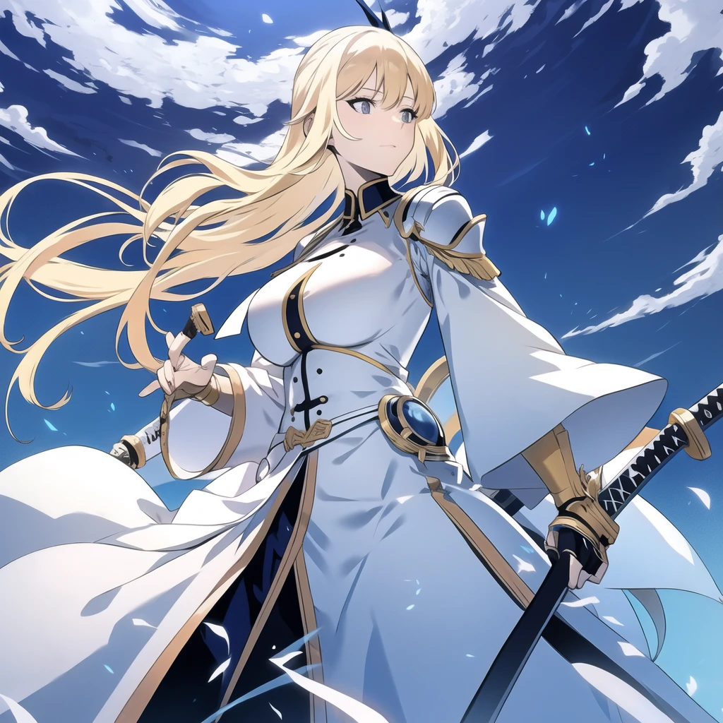 Blonde girl, blue eyes, white dress semi long, one katana hanging on the waist, smiling, alone, seen from further away, average tits, look away, standing, combs her hair with her hand