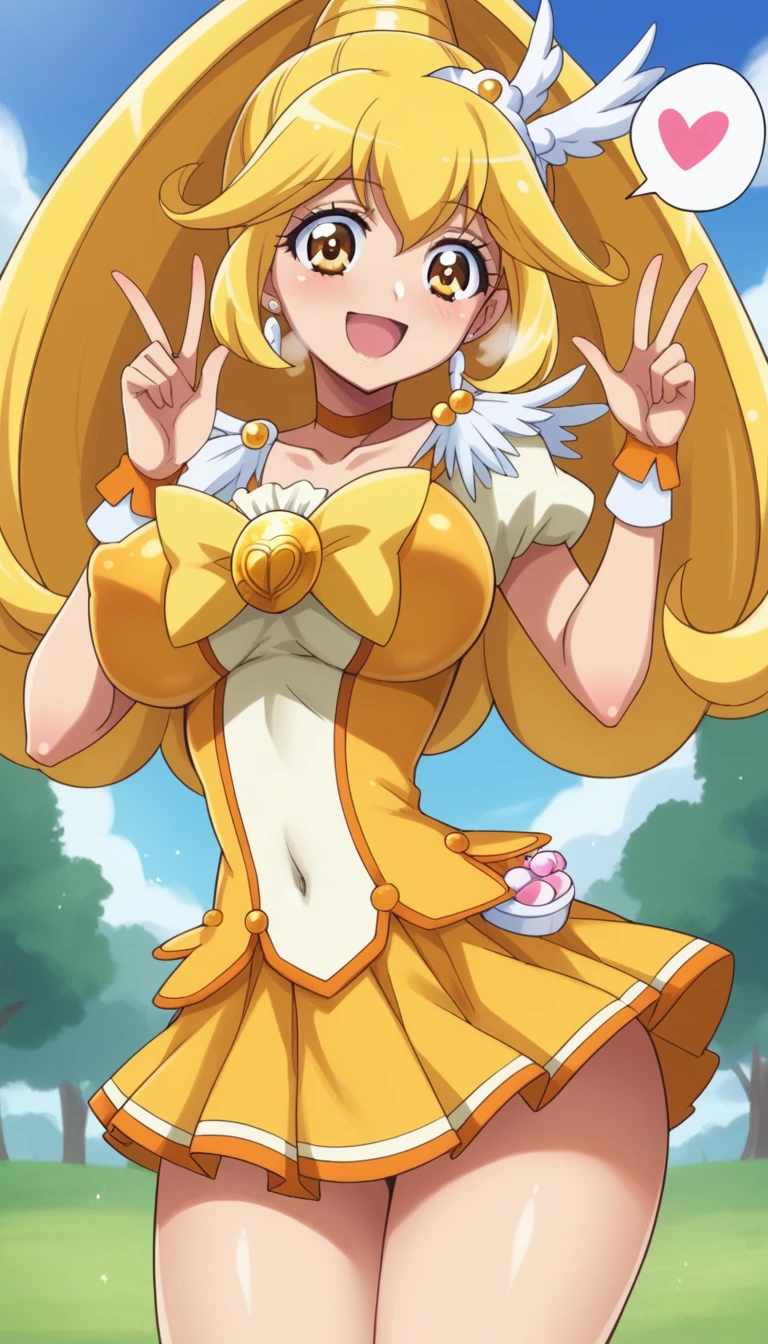 score_9, score_8_up, score_7_up, outdoor,
BREAK
source_anime, 
BREAK
1girl, curepeace, yellow hair, elect big nipple, huge breasts, happy, spoken heart, 
navel, skin tight, skirt,
tall, leggy, glistened skin, oiled skin, shiny skin, heavy breathing, wide hips, tight waist, thick thighs,
contrapposto,
looking_at_viewer,