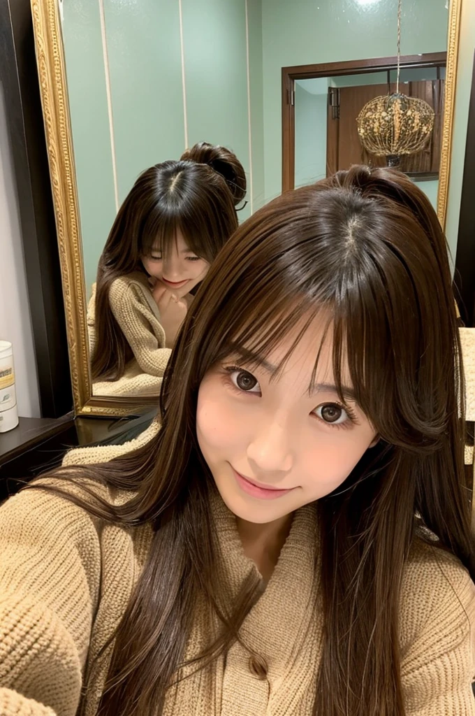Japanese women、Selfie in front of the mirror、Brown long hair,、20th Generation