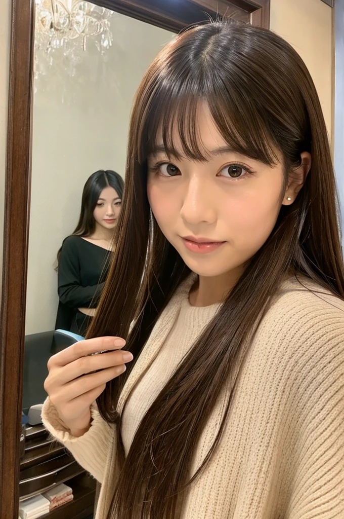 Japanese women、Selfie in front of the mirror、Brown long hair,、20th Generation