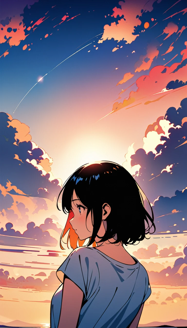 A woman who loves summer。Watching the sun sink below the horizon、Back view。Like a 2D illustration, Serene atmosphere。The expression is delicate and beautiful、Contemporary Art in the Spotlight。masterpiece:1.2