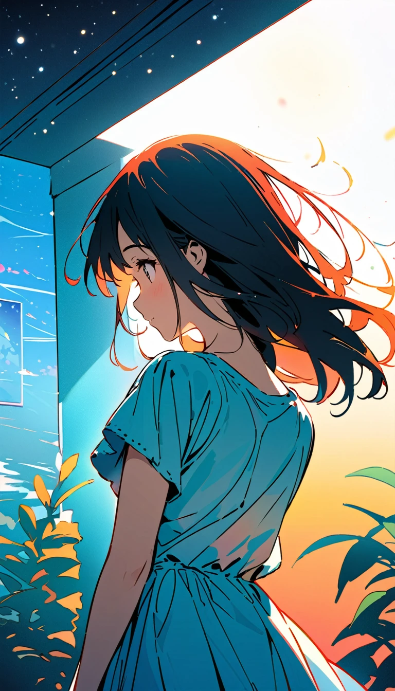 A woman who loves summer。Watching the sun sink below the horizon、Back view。Like a 2D illustration, Serene atmosphere。The expression is delicate and beautiful、Contemporary Art in the Spotlight。masterpiece:1.2
