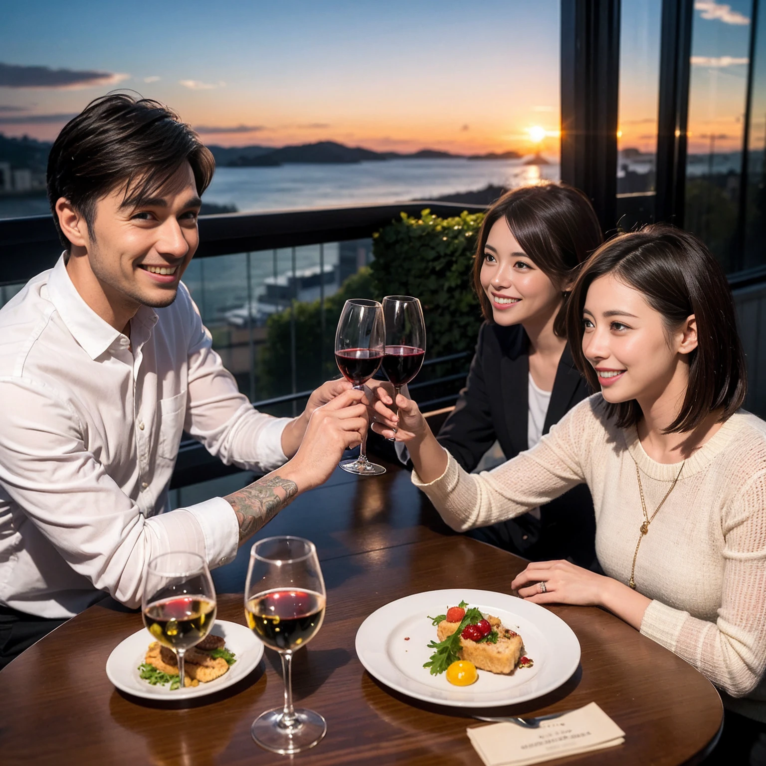 ((Highest quality、8k、masterpiece:1.3))、 (Genuineistic, Genuine、Bright image、Intricate details:1.2), 最高のsmile、1 male, 1 female、Beautiful couple、Satomi Ishihara-like lover、Good friends、actress couple、smile、Full-course dinner at a packed table、 (Slim face), (the body is slim), (Brown Hair), (short hair), テーブルのwine glass、Please shine a light on my face、 Amazing view of the sunset sky and clouds、 (36 years old)38 years old, red wine 、Appetizers、Wine bottle、sparkling wine、Long sleeve shirt、dress、White wine, red wine, wine glass,