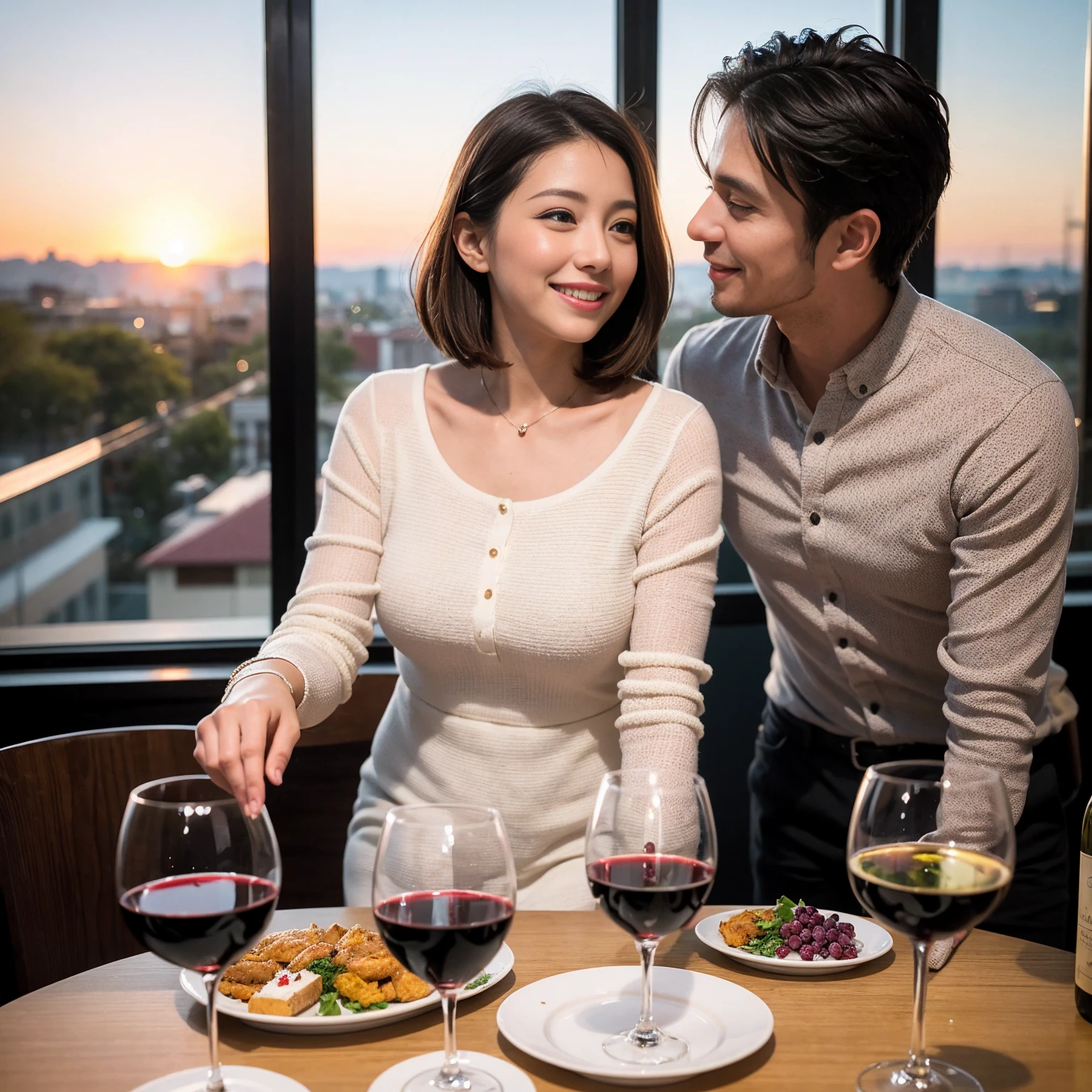 ((Highest quality、8k、masterpiece:1.3))、 (Genuineistic, Genuine、Bright image、Intricate details:1.2), 最高のsmile、1 male, 1 female、Beautiful couple、Satomi Ishihara-like lover、Good friends、actress couple、smile、Full-course dinner at a packed table、 (Slim face), (the body is slim), (Brown Hair), (short hair), テーブルのwine glass、Please shine a light on my face、 Amazing view of the sunset sky and clouds、 (36 years old)38 years old, red wine 、Appetizers、Wine bottle、sparkling wine、Long sleeve shirt、dress、White wine, red wine, wine glass,