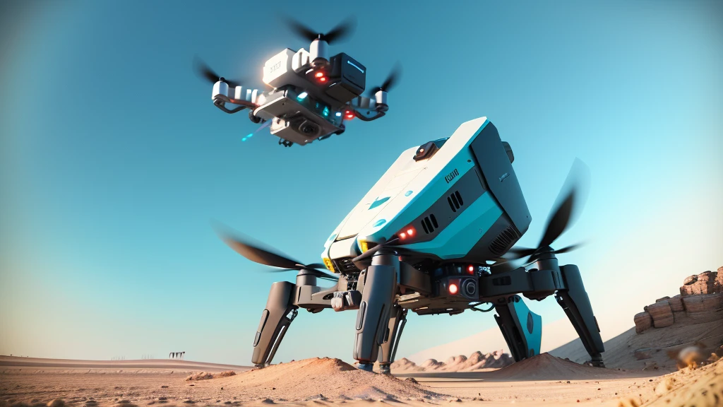 Generate an illustration of drone delivery. The background should be realistic and sci-fi, with a bright blue sky and multiple quadcopter drones flying in the air, highlighting technology and innovation. No text should be on the image. The photo style should be minimalist, futuristic, bright, and natural in color.