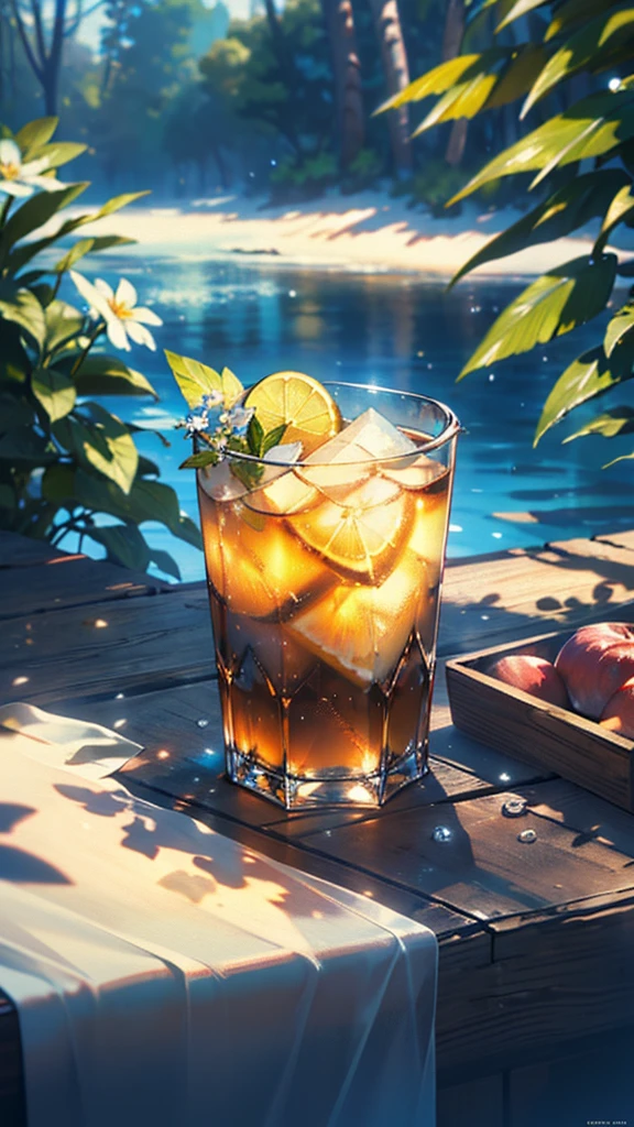 Glass of ice and kvass, water drops on glass, Translucent liquid, Ice cubes, Wildflower garland on picnic tablecloth, bright sun, Outdoor lighting at noon, open air, natural background, Summer day, Hot weather, high detailed, Very humid humidity, High brightness, wet watermarks, overdetailed, super detailed superdetaileding, surrealism, soft light, studio lighting, diffuse soft light, shallow depth of field, sharp focus, Bokeh effect, highly detaileded glass reflection, ultra-thin (superAre you okay, ultra-thin) (thin, Are you okay, ultra-detaileded), cinematic, surrealism, armature, highest quality, ultra-High resolution (realistic: 1.4), High resolution, detailed, Raw photo, clear reproduction, Stock Camera, realistic texture, dramatic lighting, unreal engine, Popular at Art Station, big