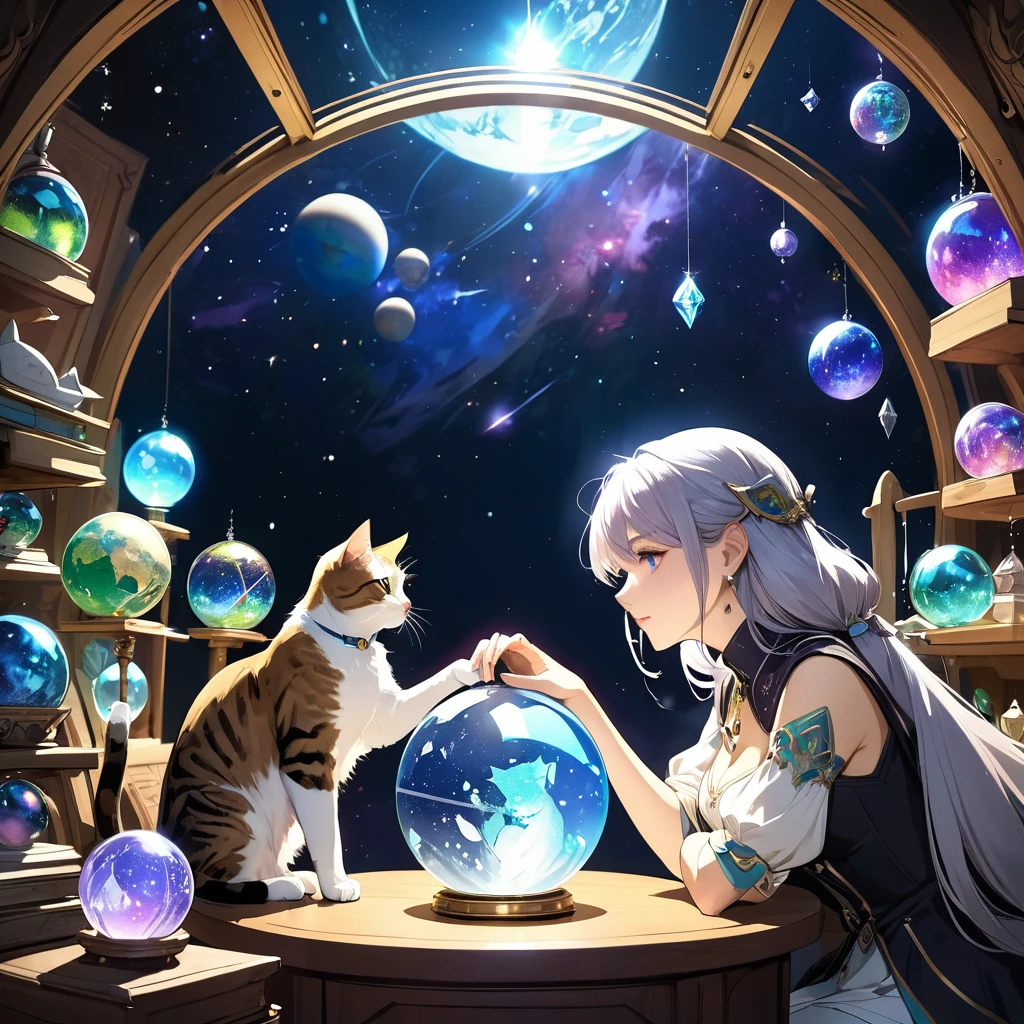 profile,A kind fortune teller,There is a cat nearby,Attention to detail,Beautiful Earth, Space and Crystal Ball,Mysterious atmosphere,
