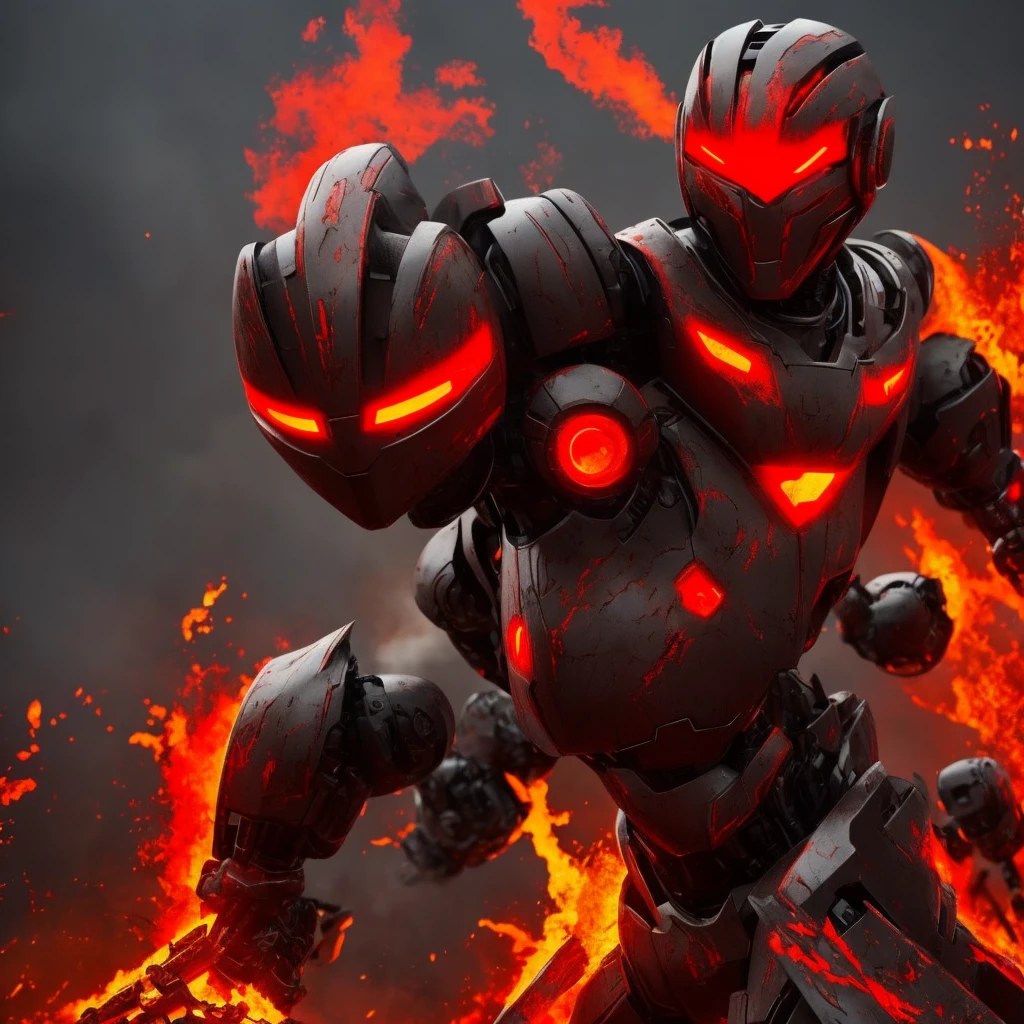 un robot color negro estilo lava con ojos de fuego y una espada roja de sangre