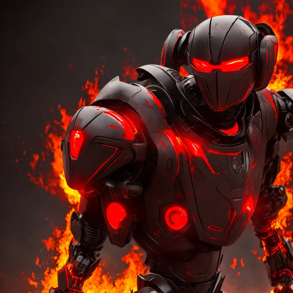 un robot color negro estilo lava con ojos de fuego y una espada roja de sangre