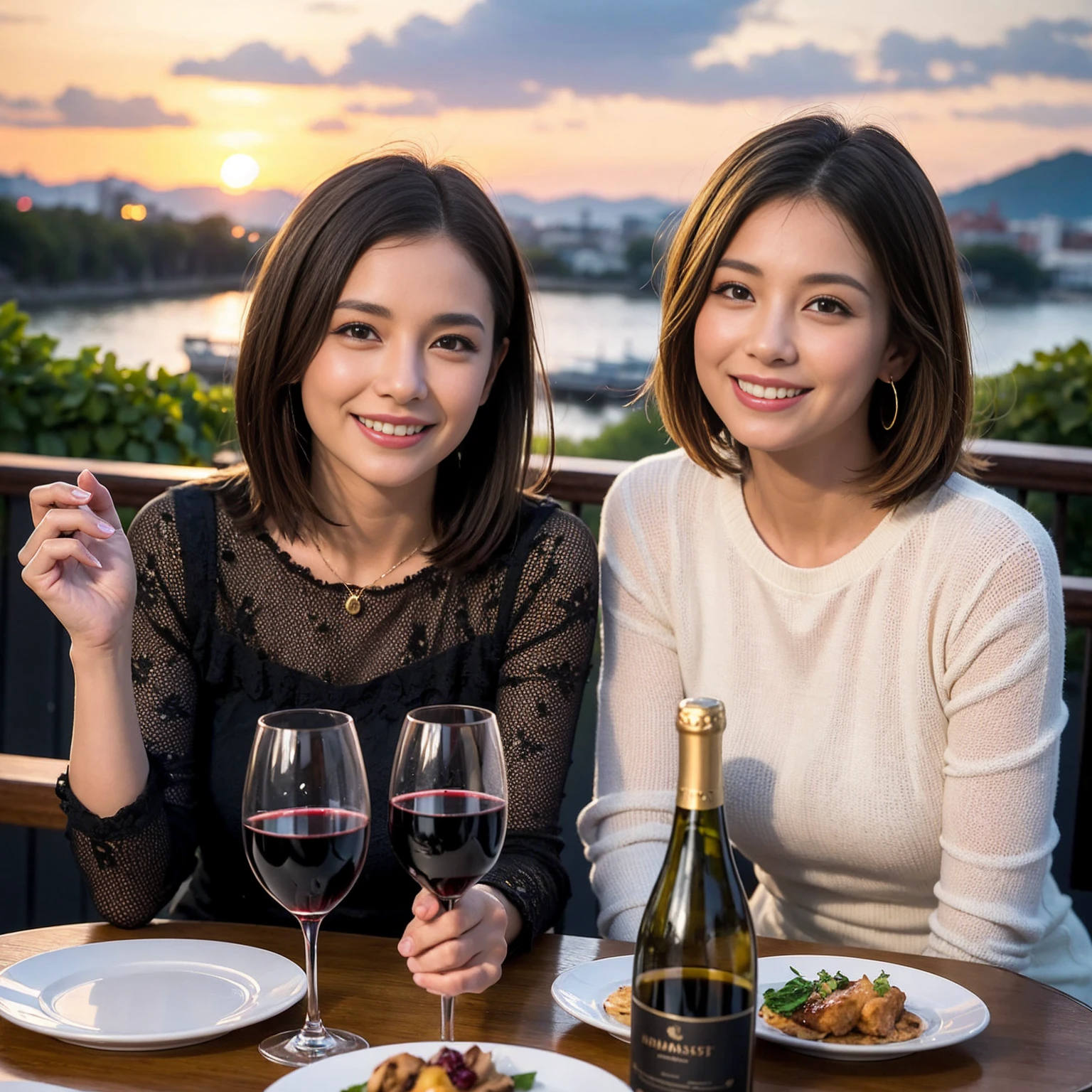 ((Highest quality、8k、masterpiece:1.3))、 (Genuineistic, Genuine、Bright image、Intricate details:1.2), 最高のsmile、1 male 1 female、Beautiful couple、spouse、fiancee、Good friends、actress couple、smile、Full-course dinner at a packed table、 (Slim face), (the body is slim), (Brown Hair), (short hair), テーブルのwine glass、Please shine a light on my face、 Amazing view of the sunset sky and clouds、 (42 years old)40 years old, red wine 、Appetizers、Wine bottle、sparkling wine、Long sleeve shirt、dress、White wine, red wine, wine glass,