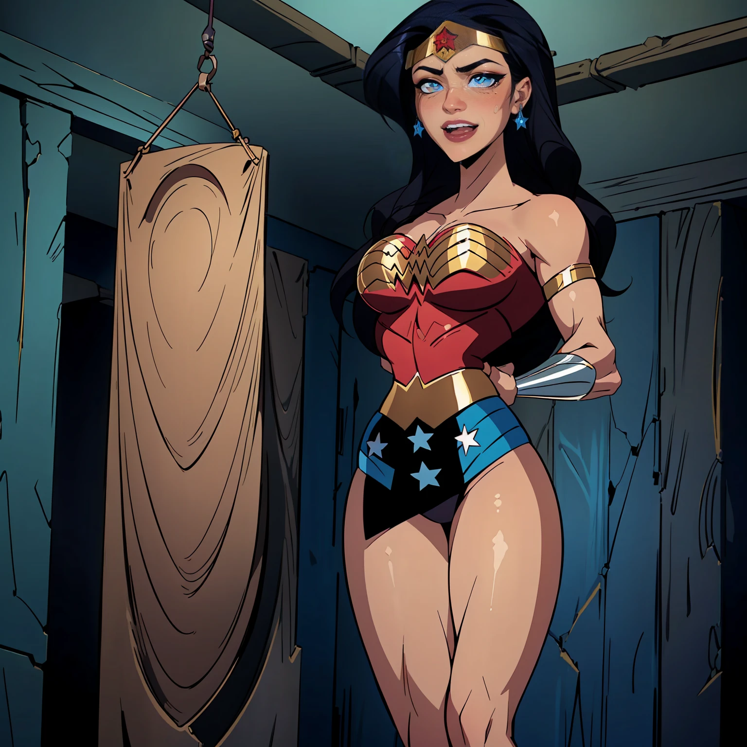 wonder2, ((long black hair, glowing blue eyes, makeup, narrow waist, skinny, medium breasts)), pelvic curtain, ((bracer, jewelry, star, earrings, Wonder Woman Standard Uniform, tiara)), full body, perfect body, (insanely detailed, beautiful detailed face, masterpiece, best quality) , (((solo))), (((1girl))), (((mature))), (extremely detailed 8k paper CG wall unit: 1.1), (Inside a captivity, night), (smile face for the viewer), open_mouth, cry, Wonder Woman Tied Up by the Yellow Bow of Truth,  bondage, Arms and legs tied, arms are tied behind the back, 