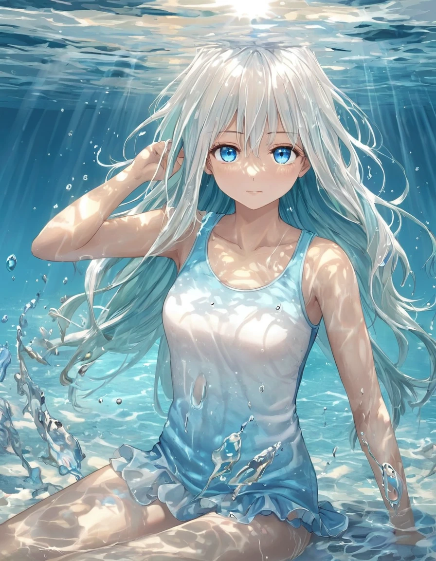 del anime saikano, Personaje femenino estilo anime en el agua., (pelo largo y blanco:1.2), (gentle expression:1.1), blue eyes, camiseta sin mangas blanca, (efecto de agua ondulante alrededor del cuerpo:1.3), La luz del sol se refleja en el agua, cielo limpio, salpicaduras de agua sutiles, High-resolution digital art, paleta de colores suaves, ambiente tranquilo, (serene ocean bottom:1.1), Textura realista del agua
