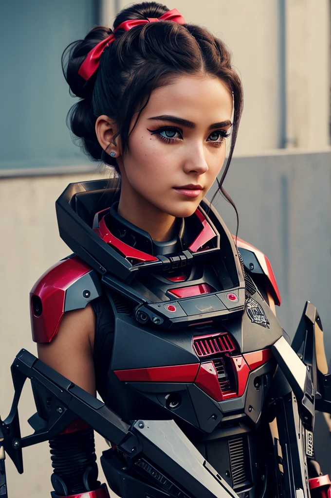 Oc de murder drones:
Robot girl with hair up and a lock of her hair covering her right eye with a bow and aesthetic clothing