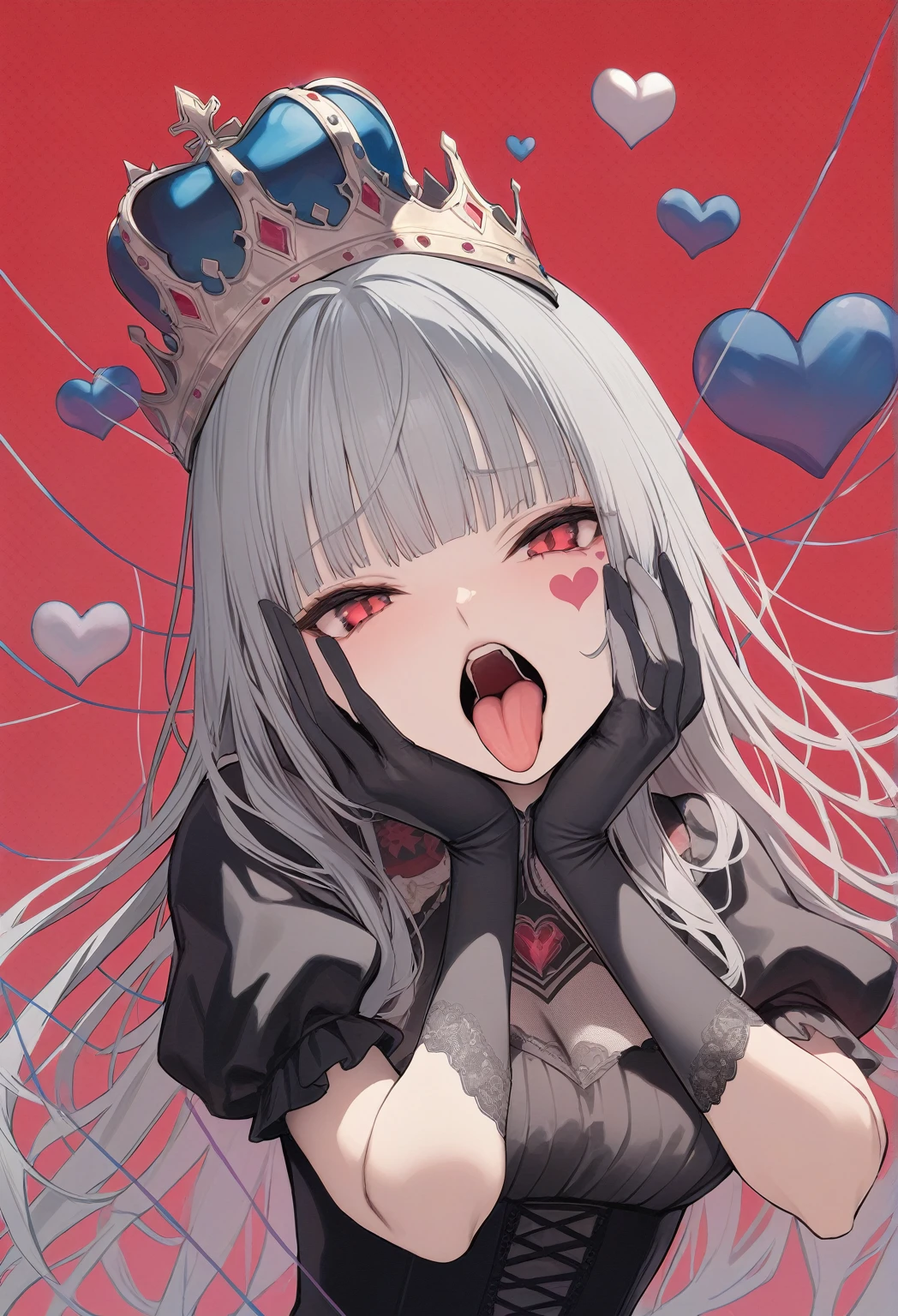 masterpiece, best quality, 1girl, gloves, solo, tongue, red background, black gloves, tongue out, long hair, elbow gloves, bangs, puffy sleeves, open mouth, grey hair, short sleeves, looking at viewer, hands on own face, upper body, blunt bangs, puffy short sleeves, colored tongue, heart, black dress, dress, hands on own cheeks, red eyes, facial mark, crown, simple background, tattoo, string, teeth, halftone