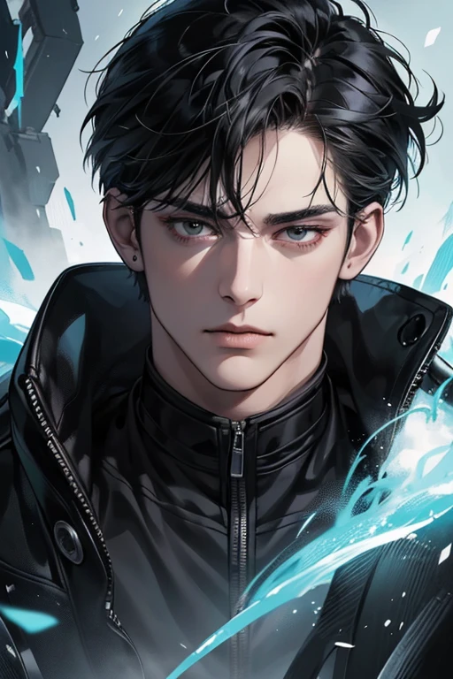(best quality detailed image beautiful image 8K photorealistic dramatic lighting 1:1) (digital art digital illustration) (camera focused on face) (cold colors dim lighting) Art Manhwa 29 year old man very handsome black hair black clothes black eyes (piercing gaze cold expression perfect face perfect lines) walking in a chaotic dystopia setting