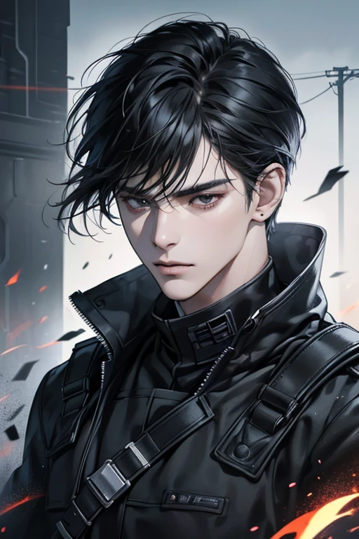 (best quality detailed image beautiful image 8K photorealistic dramatic lighting 1:1) (digital art digital illustration) (camera focused on face) (cold colors dim lighting) Art Manhwa 29 year old man very handsome black hair black clothes black eyes (piercing gaze cold expression perfect face perfect lines) walking in a chaotic dystopia setting