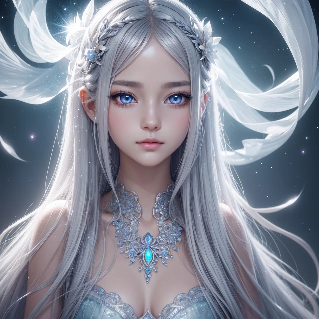 high quality, 8k, masterpiece, 1girl, cute anime girl, long flowing silver hair, beautiful detailed eyes, beautiful detailed lips, extremely detailed face, long eyelashes, serene expression, soft lighting, atmospheric, dreamlike, glowing, ethereal, pastel colors, iridescent, shimmering, magical, surreal, fantasy, digital art, intricate detail