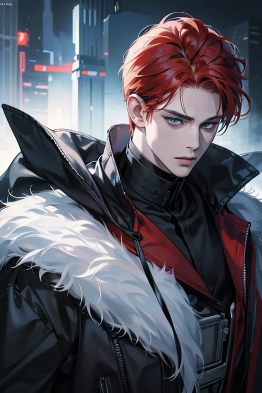 (best quality detailed image beautiful image 8K photorealistic dramatic lighting 1:1) (digital art digital illustration) (camera focused on face) (cold colors dim lighting) Art Manhwa 29 year old man very handsome red hair black clothes blue eyes (piercing gaze cold expression perfect face perfect lines) walking in a chaotic dystopia setting
