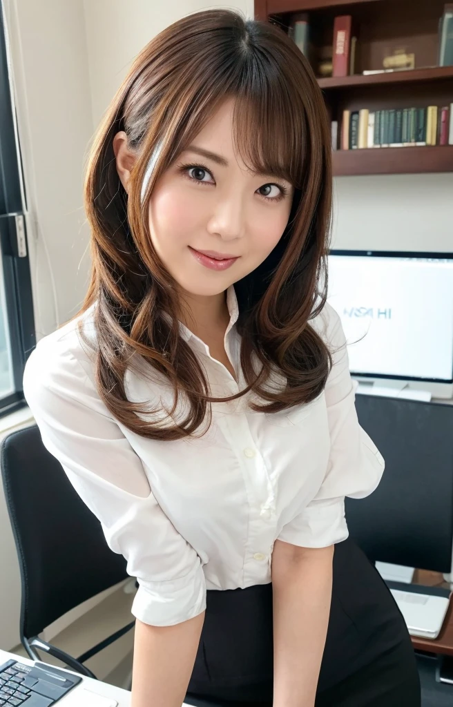 (Best quality, 8k, 32k, Masterpiece, UHD:1.2), from front, 1 girl, beautiy Japanese office lady, (smile:0.5), (looking at the the viewer), 30 years old, bit chubby:0.2, white shirt, black skirt, office room, desk, detailed beautiful face, twin-tail wavy hair, from below,