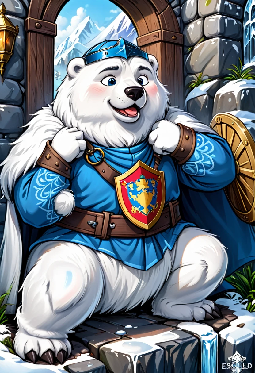 um forte urso polar segurando um escudo sentado em uma pedra de gelo, escudo azul, Digital illustration, ambiente medieval, cartoon, High definition, detalhes