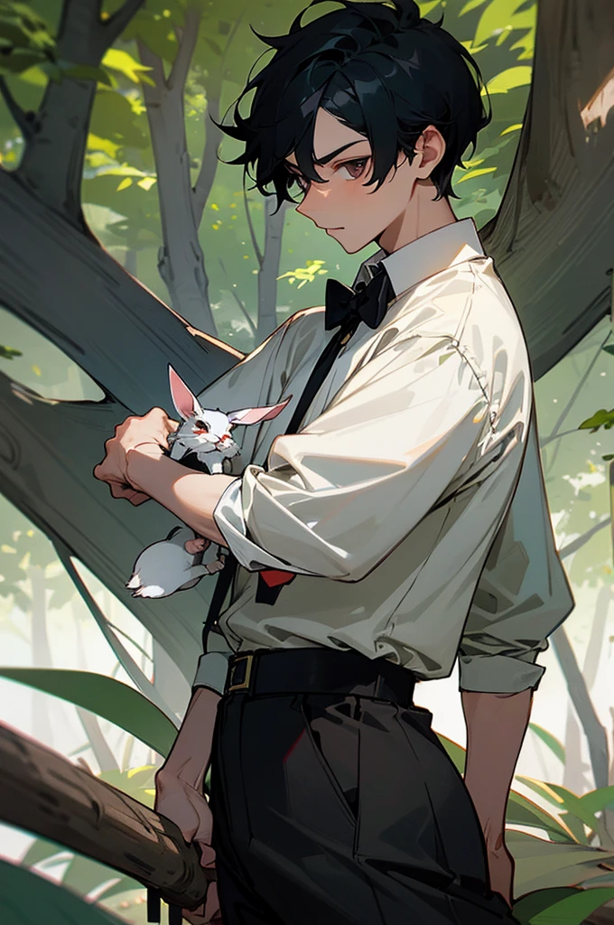 Man with black hair and sharp eyes staring at a dense forest in front of him while holding the body of a small rabbit that he hunted