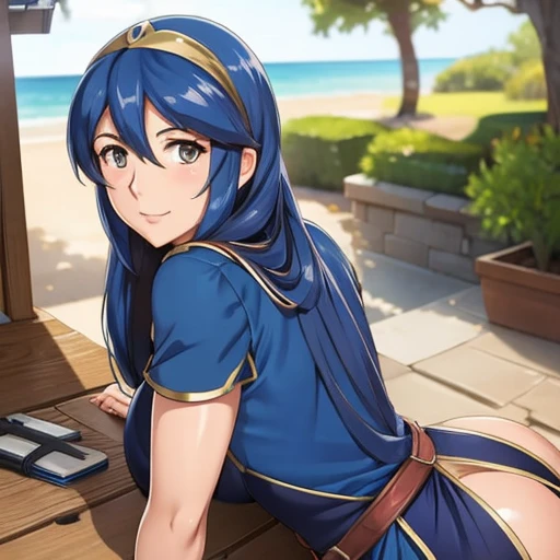 Actriz sexy Lucina Fire emblem, volteando a la camara, very erotic, view:back